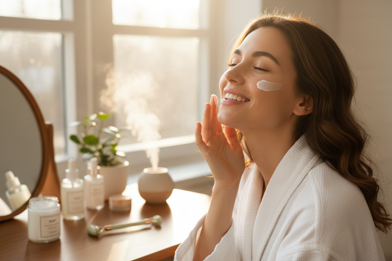 Happy woman applying face cream - desktop