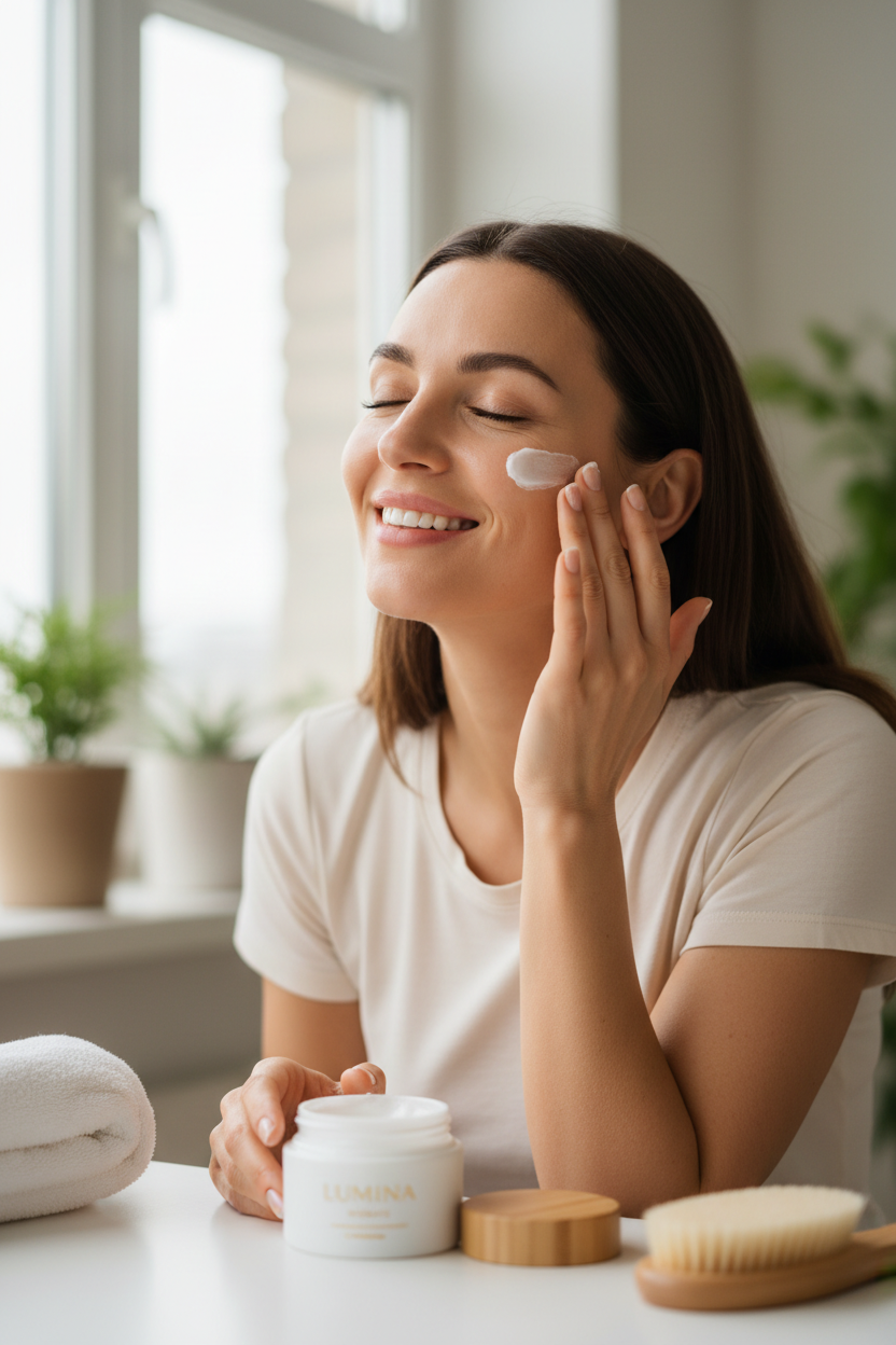 Happy woman applying face cream - mobile